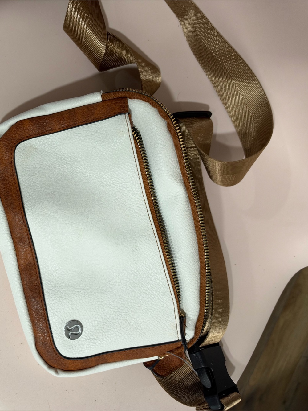 White and Brown lululemon Belt Bag with Adjustable Tan Strap